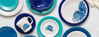 Our Coastal pattern surrounded by White, Turquoise and Lapis dishes. 