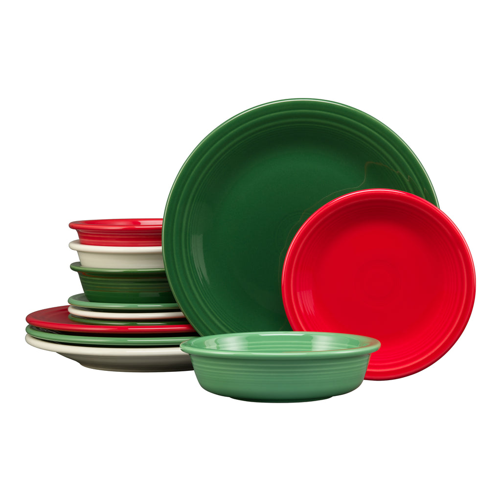 Christmas Mixed Color Classic Rim 12-Piece Dinnerware Set, Service for
