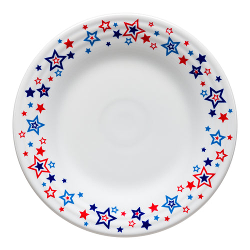 White plate with red and blue stars around the edge 