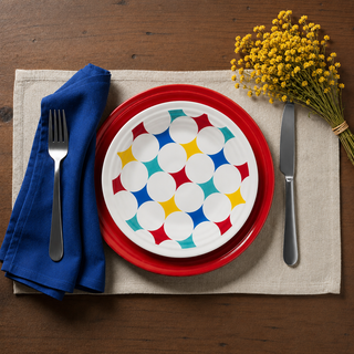 A round white plate with a geometric pattern of overlapping green, purple, and blue shapes forming a circular design.
