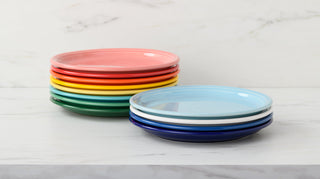 A white dish rack holds plates arranged in a rainbow color order, from red to purple, next to a folded red and white striped dish towel on a wooden counter with a tiled backsplash.