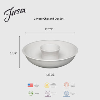 The Fiesta New Retired 2-Piece Chip and Dip Set, 12 7/8 inches wide with a 129 oz capacity, is lead-safe china that's microwave, oven, and dishwasher safe with a 5-year chip warranty—ideal for serving chips and dip.
