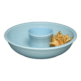 The Fiesta Sky 2-Piece Chip and Dip Set (12 7/8 Inch), made in the USA, features a light blue ceramic platter for chips with a central bowl for dip.