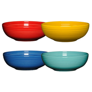 The Fiesta (FTC) Mixed Vibrant Bistro Coupe 7 5/8-Inch 38OZ Medium Bowls, Set of 4, features colorful lead-free ceramic bowls with a subtle ridged texture, arranged in two rows on a white background.