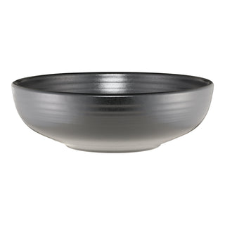 The Fiesta (FTC) Foundry Bistro Coupe 9 5/8 Inch Large Serving Bowl (68 oz) features a smooth, matte black finish with subtle horizontal ridges and a round, shallow design, shown against a white background.