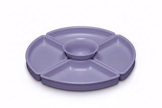 The Fiesta Lavender 5-Piece Entertaining Set (8 1/5 Inch) features a round, glossy light purple tray with four triangular sections and a small circular bowl in the center—perfect serveware for your next gathering.