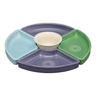 The Fiesta Lavender Bloom Mixed Color 5-Piece Entertaining Set features four wedge-shaped, colorful compartments arranged around a white bouillon bowl—perfect for stylish serving and displaying snacks at any gathering.