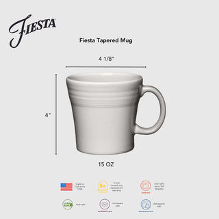 The Fiesta Mixed Vibrant 15 OZ Set of 4 Tapered Mugs includes ceramic mugs with handles, each 4" tall by 4 1/8" wide. Made in the USA, they are microwave and dishwasher safe, lead safe, and include a 5-year chip warranty.