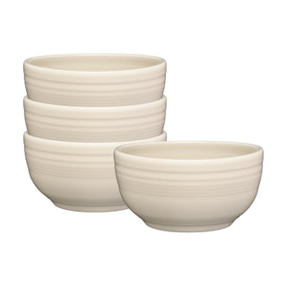 Set of four 22 oz Fiesta (FTC) Linen Bistro Coupe Cereal Bowls, each 5 1/2 inches, cream-colored with a ribbed texture and rounded shape—perfect for cereal or snacks.