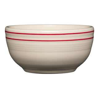 The Fiesta (FTC) Americana Scarlet Bands Set includes four cream-colored ceramic bistro coupe cereal bowls (5 1/2", 22 oz) each with three thin red stripes near the rim, inspired by the classic Scarlet Band design.