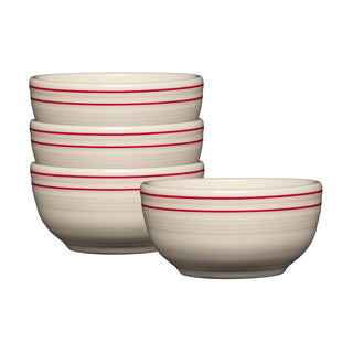 A set of four Fiesta (FTC) Americana Scarlet Bands Bistro Coupe 5 1/2" 22 oz cereal bowls with red stripes is displayed on a white background, three stacked and one in front.