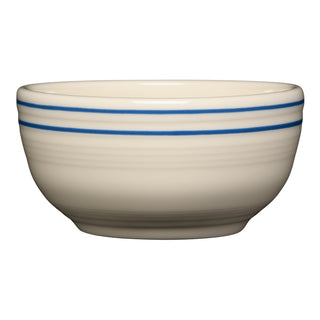 The Fiesta (FTC) Americana Lapis Bands Set includes four 22 oz beige ceramic bistro coupe cereal bowls, each 5.5 inches, with two thin blue bands near the rim, all crafted from lead-safe china.