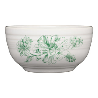 The Fiesta Botanical Floral Jade Bistro Coupe Cereal Bowl holds 22 oz, measures 5.5 inches, is microwave safe, and features white ceramic with detailed green floral designs—ideal for your cereal or snacks.