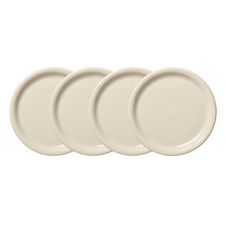 Four round, off-white Fiesta (FTC) Linen Set of 4 Bistro Coupe 10 1/2 Inch Dinner Plates are arranged in a row, partially overlapping on a white background—an elegant addition to any dinnerware collection.