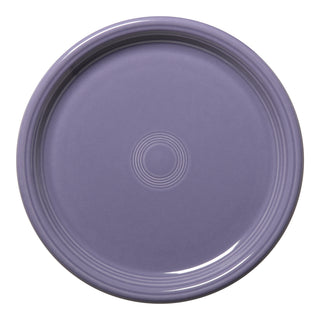 The Fiesta Lavender Bistro Coupe 10 1/2 Inch Dinner Plate features a glossy finish, round shape, and subtle concentric circular ridges. Made from durable china and shown from above against a white background.