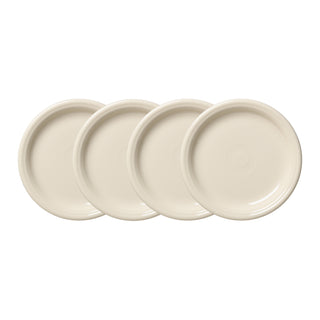 Four Fiesta (FTC) Linen Set of 4 Bistro Coupe 7 1/4 Inch Salad Plates are displayed in a slightly overlapping row on a white background.