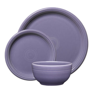 The Fiesta Lavender Bistro Coupe 3-Piece Place Setting, Service for 1, features a large dinner plate, medium salad plate, and small bowl with a circular ridge pattern in ceramic, displayed against a white background. Made in USA.
