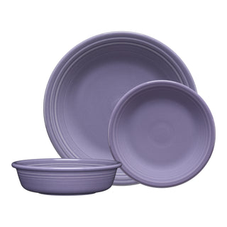 The Lavender Classic Rim 3-Piece Place Setting by Fiesta includes a large dinner plate, a salad plate, and a shallow bowl, all featuring a simple round ridged design. Service for 1.