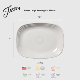 The Fiesta Lavender 12 Inch Large Rectangular Platter holds 36 oz, is made in the USA, lead safe, microwave/oven/dishwasher safe, and includes a 5-year chip warranty.