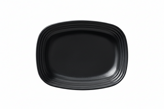 The Fiesta Foundry 12 Inch Large Rectangular Platter is a black, lead-safe china tray with rounded edges and a subtle ridged pattern, shown from above on a white background.
