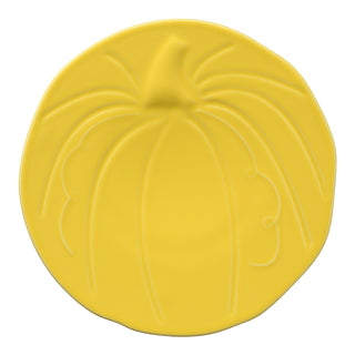 The Fiesta Retired Pumpkin Shaped Plate (8 1/2 Inch) in Sunflower features raised ribs and a stem detail, crafted from lead-safe china for your peace of mind.
