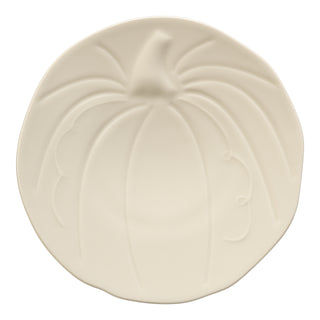 The Fiesta Pumpkin Shaped Plate 8 1/2 Inch is a white ceramic plate embossed with pumpkin details, featuring subtle ridges and curves—perfect for accenting harvest colors on your table.