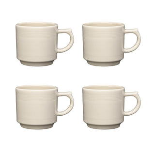 The Fiesta Linen 16 OZ Set of 4 Stackable Mugs features off-white vitrified china mugs with handles, arranged in a two-by-two grid on a white background. Dishwasher safe for easy cleaning.