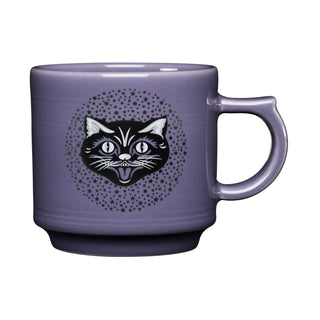Introducing the Black Cat Lavender 16 OZ Stackable Mug from Fiesta—a stylish purple ceramic mug adorned with a black and white cat face encircled by a ring of small black stars. Made in the USA and dishwasher safe, this charming mug is as practical as it is adorable.