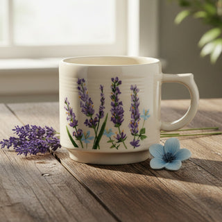 A Fiesta Lavender Bloom 16oz Stackable Mug, featuring a design of lavender and blue flowers, sits on a wooden table beside real lavender and a blue flower, as sunlight streams through the window in the background.