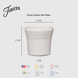 The Fiesta Lavender 1 1/2 OZ ceramic shot glass is made in the USA and features a flared rim. It’s microwave, dishwasher, and oven safe up to 350°F, lead-safe china, and measures 2 1/8" tall by 2 1/8" wide.