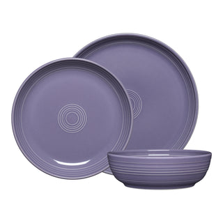 The Fiesta Lavender Coupe Bowl 3-Piece Place Setting features two purple ceramic plates and a coupe bowl, each with subtle concentric circle designs. Made in the USA.