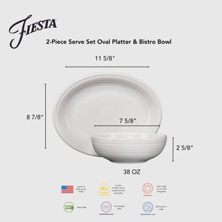 The Fiesta 2-Piece Serve Set includes an 11 5/8" Oval Platter and a 38 oz Bistro Bowl. Both pieces are lead-free and safe for microwave, dishwasher, and oven use.