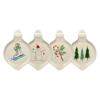 Part of Fiesta's Jolly Christmas Collection, this set includes four 8 3/4-inch ornament-shaped plates with festive designs: an ice skate with holly, a snowman in a red hat, a candy cane with pine, and three Christmas trees.