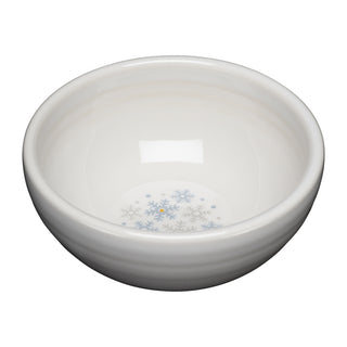 The Fiesta White Snowflakes 3 3/4 Inch Mini Bowl, with a 5 oz capacity, is a white ceramic piece featuring a delicate blue snowflake pattern on the inside bottom. Perfect for holiday entertaining, this bowl from the Fiesta brand is shown against a white background.