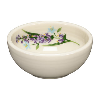 Fiesta Lavender Bloom 3 3/4 Inch Mini Bowl (5 oz) – a cream-colored ceramic prep bowl inspired by the Lavender Bloom Collection, featuring a floral design with purple and blue flowers and green stems hand-painted on the inner side.