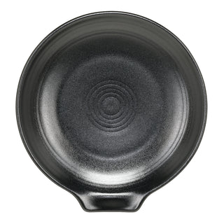 The Fiesta Foundry Extra Large Spoon Rest 7 Inch is a black, round ceramic plate featuring a small pouring spout and concentric circle patterns at the center—viewed from above, it’s perfect as an extra large ceramic spoon rest or stylish kitchen utensil holder.