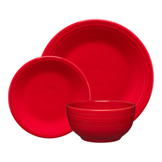 The Fiesta Classic Bistro 3-Piece Place Setting in Scarlet includes a dinner plate, salad plate, and bistro cereal bowl, all displayed against a white background.