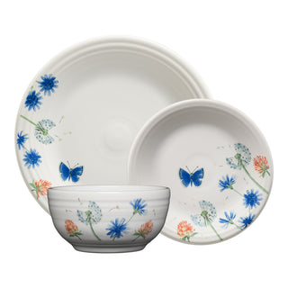 The Breezy Floral Classic Bistro 3-Piece Place Setting by Fiesta features lead-safe china dinnerware for one, with white dishes decorated with blue butterflies and coral florals: a large plate, small plate, and bowl—all with coordinating designs.