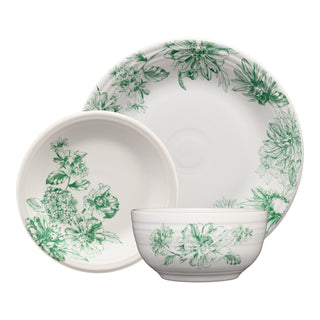 The Fiesta Botanical Floral Jade Classic Bistro 3-Piece Place Setting, Service for 1, features white ceramic dishes—a rim dinner plate, shallow bowl, and deep bowl—with green botanical patterns on the edges against a white background.