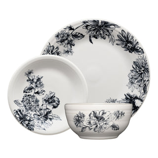 The Fiesta Factory Direct Botanical Floral Black Classic Bistro 3-piece Place Setting includes a white dinner plate, salad plate, and bowl featuring elegant black floral designs along the edges, perfect for stylish single-service dining.