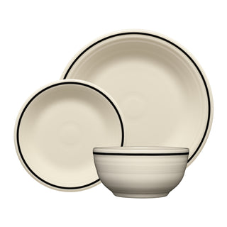The Fiesta Black Band Classic Bistro 3-Piece Place Setting includes a cream-colored dinner plate, salad plate, and bowl with a sleek black rim. Durable, elegant, and dishwasher safe—perfect service for one.