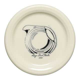 The Fiesta Icons Disk Pitcher and Salt and Pepper, Set 1, features cream ceramic coasters/mug covers with a black line drawing of the iconic Disk Pitcher and "Large Disk Pitcher 1936" below, surrounded by concentric circles.