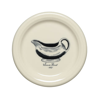 A cream-colored coaster from the Fiesta Icons Classic Ring Handle Mug and Sauceboat Set features a black and white illustration of a sauceboat in the center, inspired by classic Fiesta Icons. Below the illustration, “Sauce Boat” and “1937” are elegantly inscribed.