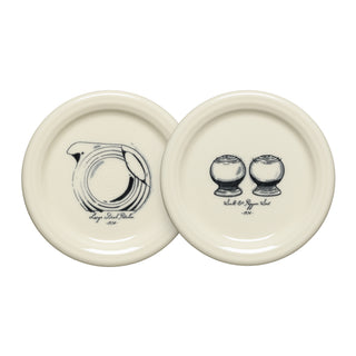 The Fiesta Icons Disk Pitcher and Salt and Pepper Set includes two cream round 4 3/8" coaster and mug covers featuring black drawings of the Disk Pitcher (labeled "Large Oval Pitcher 1934") and Salt & Pepper Set ("Salt & Pepper Set 1936").