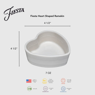 The Fiesta Lavender 7 OZ Heart Shaped Ramekin (4.5") is shown. Icons indicate this ceramic ramekin is made in the USA, oven safe, lead safe, microwave safe, and dishwasher safe.