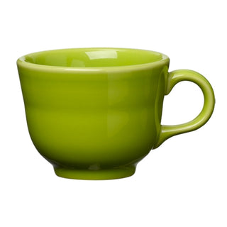 The Fiesta (FTC) Retired Classic 7 3/4 OZ Tea Cup in Lemongrass, a bright green vitrified china piece with a round handle, is displayed on a plain white background.