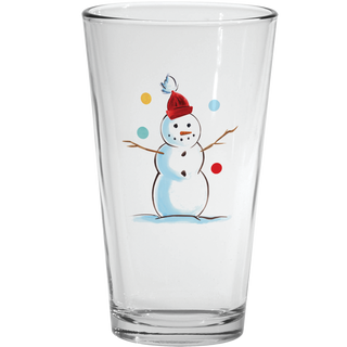 A clear 16 oz. Fiesta Jolly Christmas Cooler Glass decorated with a snowman wearing a red knit hat, surrounded by colorful dots.