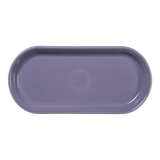 The Fiesta Lavender 11 7/8 Inch Oblong Serving Platter features a rectangular shape with rounded edges and a center circular embossed pattern—a stylish purple ceramic tray, perfect for any occasion. Shown on a white background.