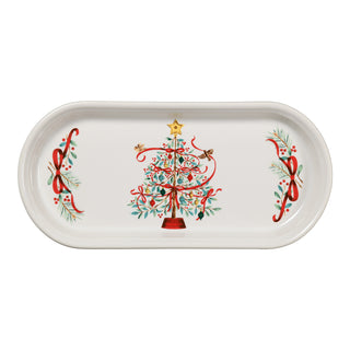 The Fiesta Holly Berry Christmas Tree Classic 11 7/8-Inch Oblong Serving Platter features a painted tree with red ribbons, holly, birds, and a gold star—festive dinnerware perfect for brightening any holiday table display.