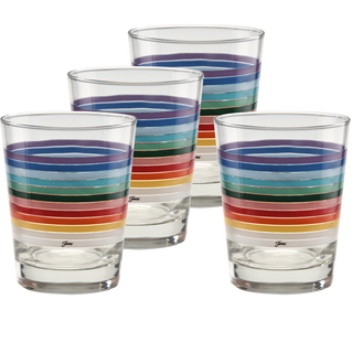 Set of four 15 oz. tapered double old fashion glasses by Moderne Glass, featuring bold horizontal stripes in blue, green, yellow, orange, red, and white. The "All Colors 2026" set is proudly made in the USA.